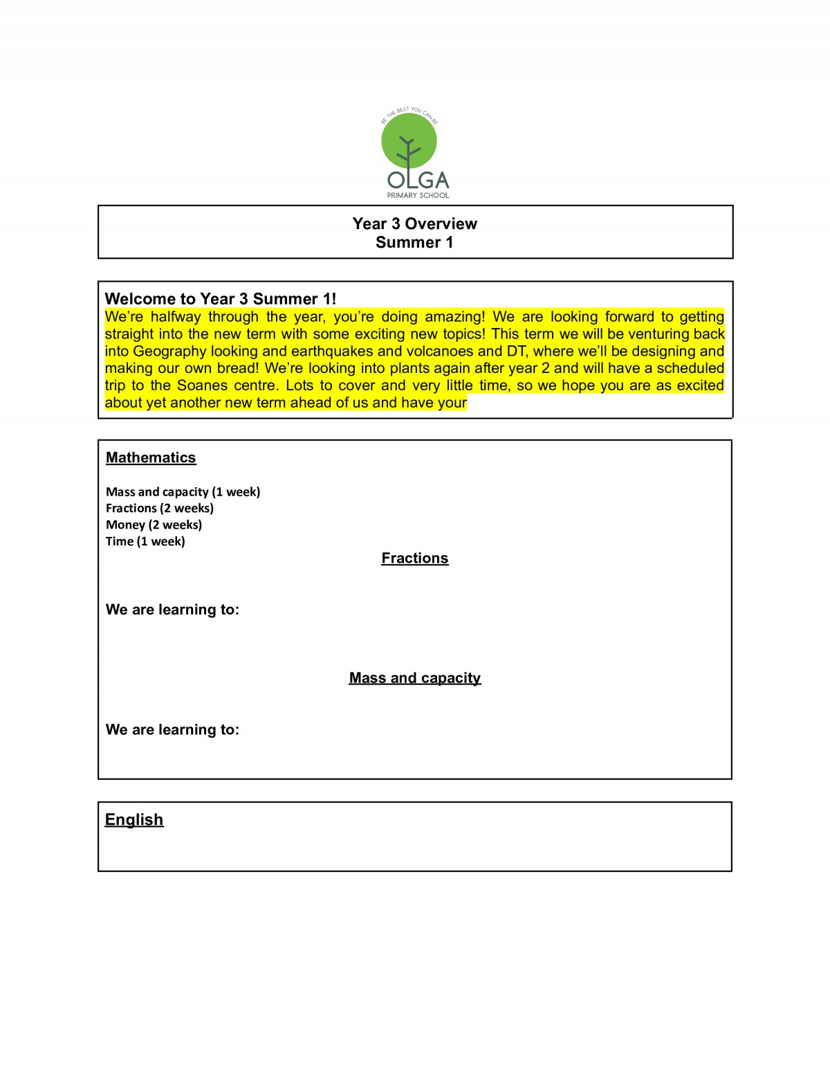 Parents Half Term Overview - Olga Primary School